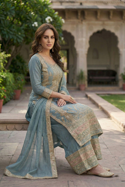 Anaita Blue Chinon Suit with Embroidery & Sequence Work