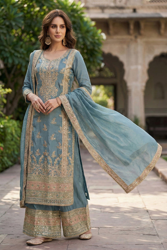 Anaita Blue Chinon Suit with Embroidery & Sequence Work