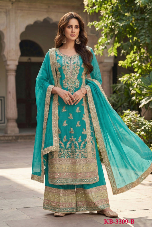 Anaita Turquoise Chinon Suit with Embroidery & Sequence Work