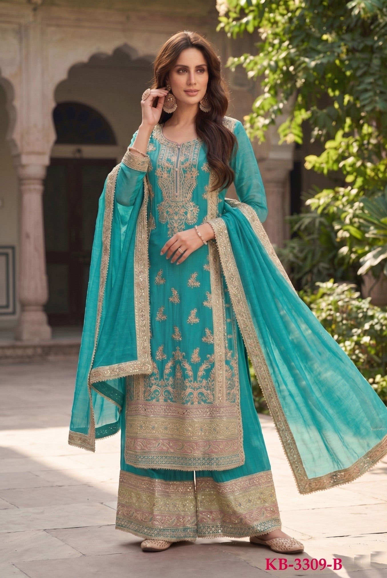 Anaita Turquoise Chinon Suit with Embroidery & Sequence Work