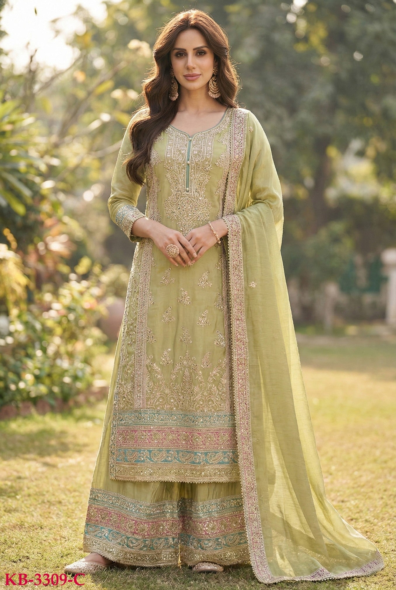 Anaita Green Chinon Suit with Embroidery & Sequence Work