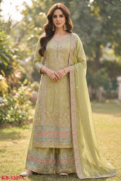 Anaita Green Chinon Suit with Embroidery & Sequence Work