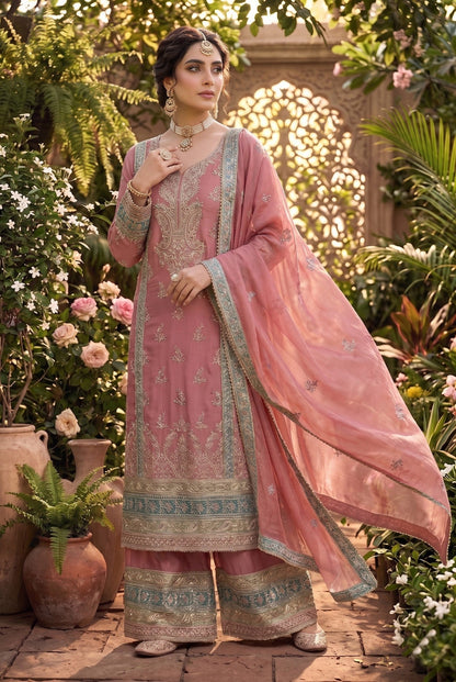 Anaita Pink Chinon Suit with Embroidery & Sequence Work