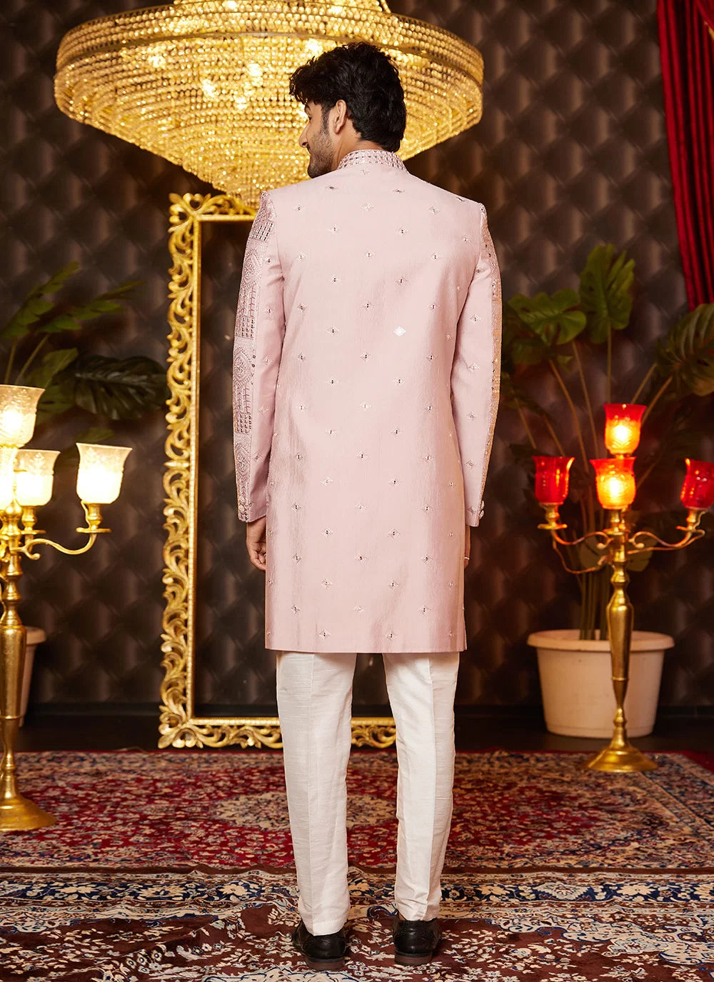 Raivat Ethnic Mens Art Silk Thread Work Indo Western In Onion Pink Colour