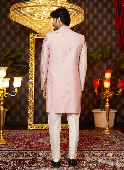 Raivat Ethnic Mens Art Silk Thread Work Indo Western In Onion Pink Colour