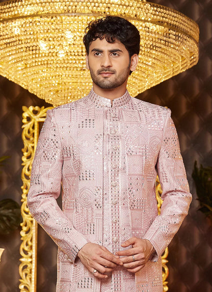 Raivat Ethnic Mens Art Silk Thread Work Indo Western In Onion Pink Colour