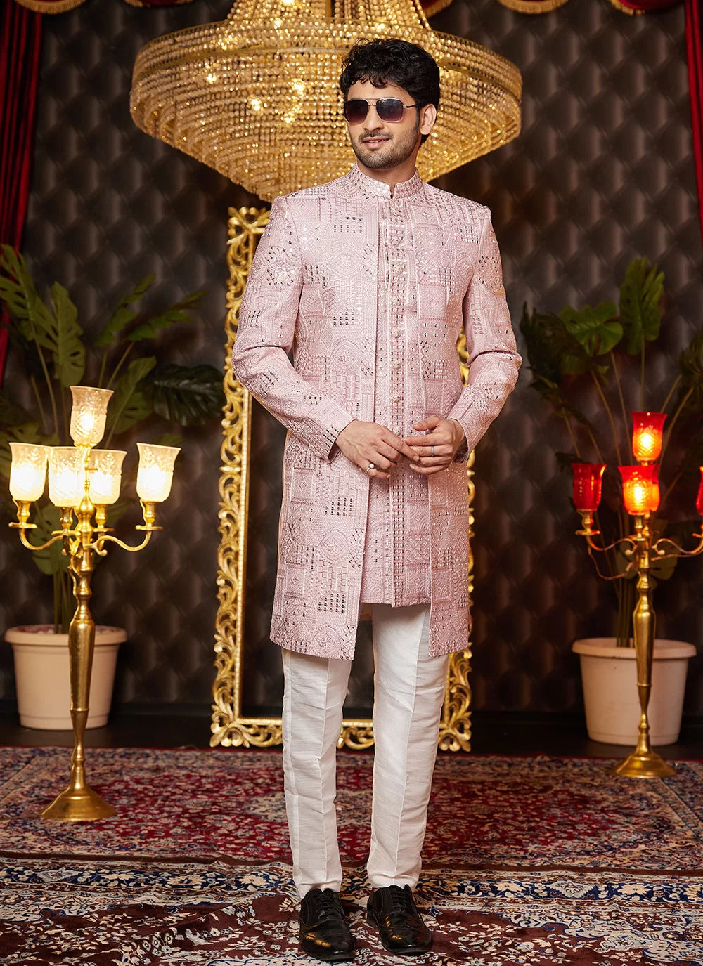 Raivat Ethnic Mens Art Silk Thread Work Indo Western In Onion Pink Colour