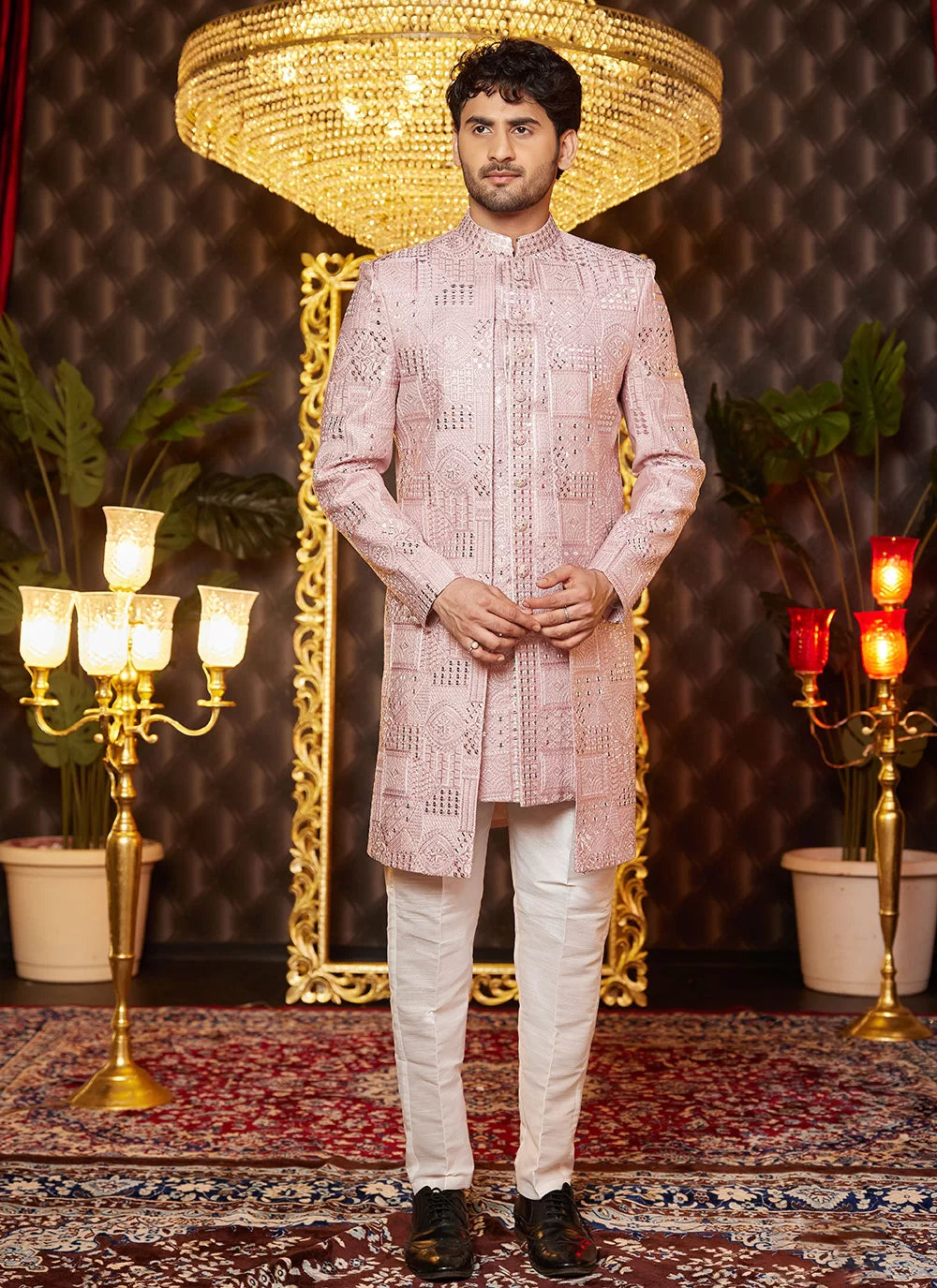 Raivat Ethnic Mens Art Silk Thread Work Indo Western In Onion Pink Colour