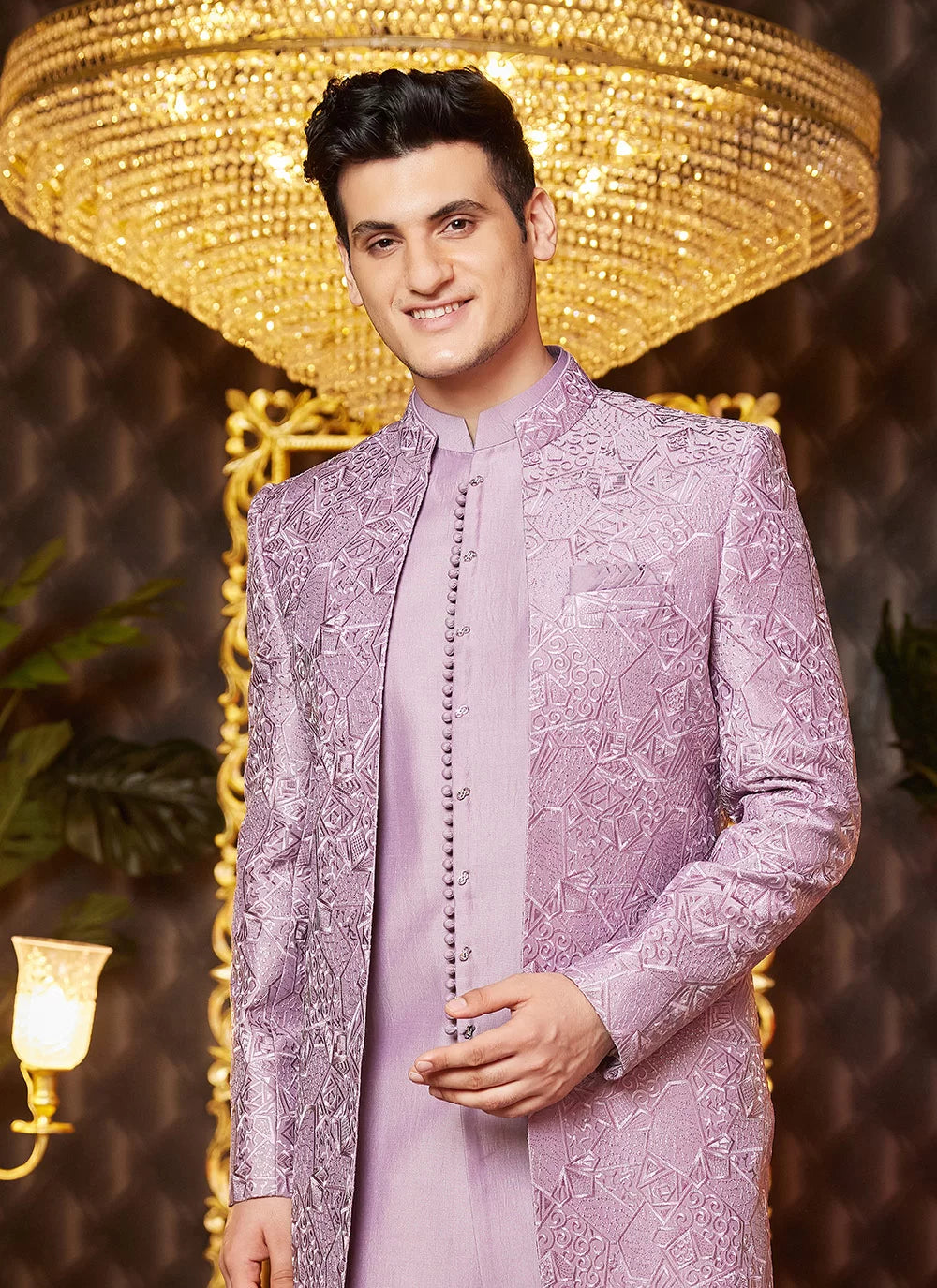 Raivat Ethnic Mens Art Silk Thread Work Indo Western In Light Purple Colour