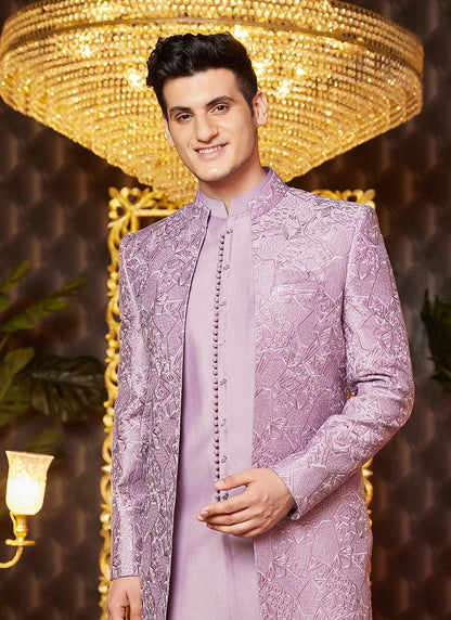 Raivat Ethnic Mens Art Silk Thread Work Indo Western In Light Purple Colour