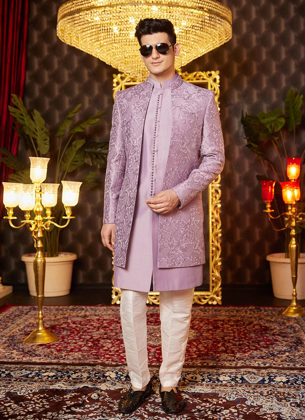 Raivat Ethnic Mens Art Silk Thread Work Indo Western In Light Purple Colour