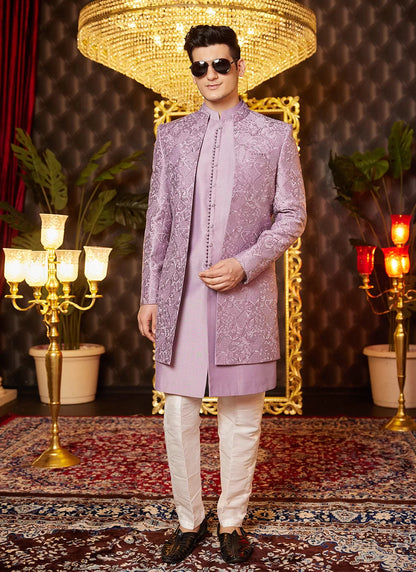 Raivat Ethnic Mens Art Silk Thread Work Indo Western In Light Purple Colour