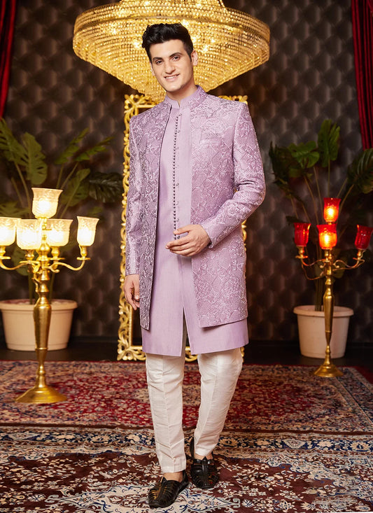 Raivat Ethnic Mens Art Silk Thread Work Indo Western In Light Purple Colour