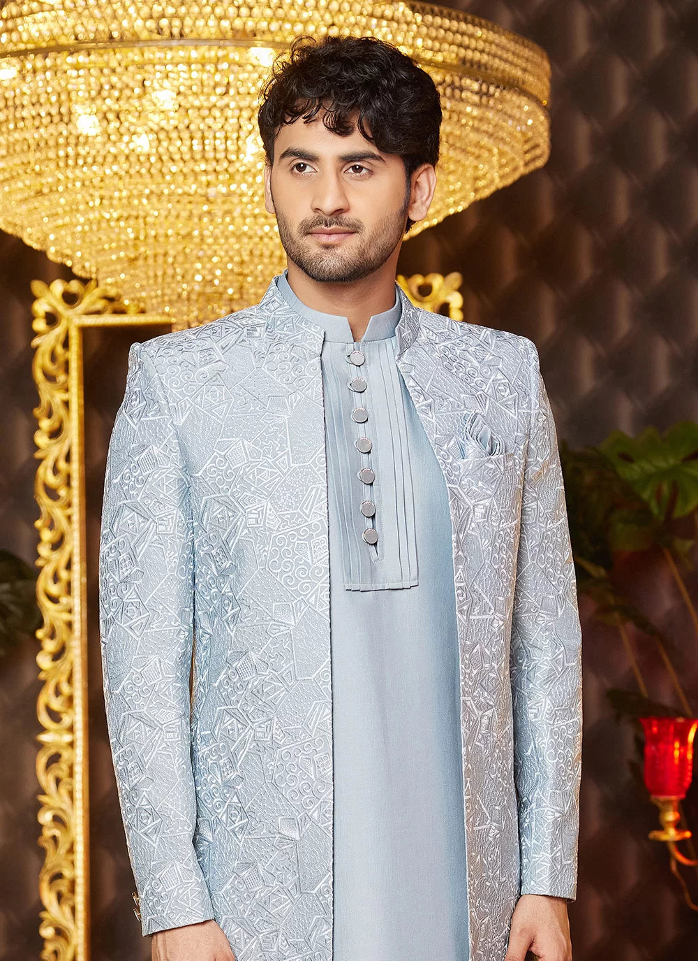 Raivat Ethnic Mens Art Silk Thread Work Indo Western In Grey Blue Colour