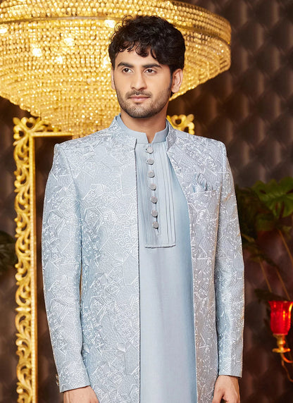Raivat Ethnic Mens Art Silk Thread Work Indo Western In Grey Blue Colour