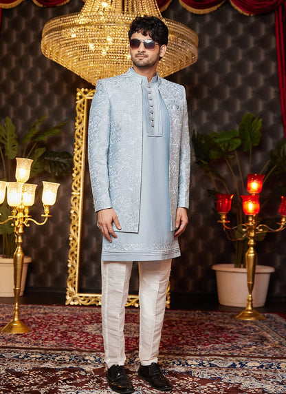 Raivat Ethnic Mens Art Silk Thread Work Indo Western In Grey Blue Colour