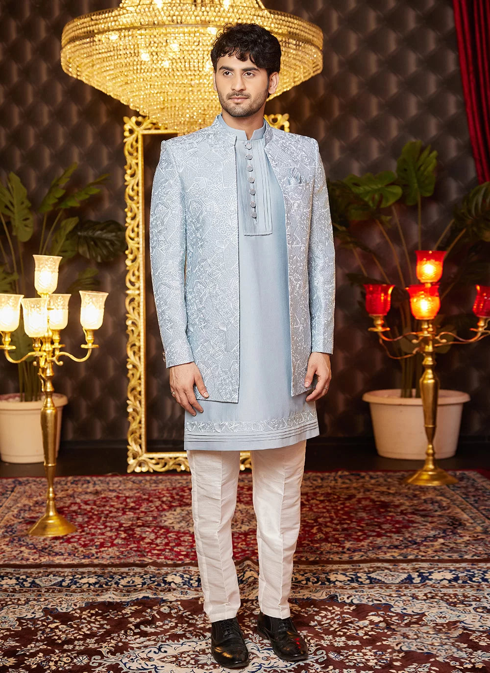 Raivat Ethnic Mens Art Silk Thread Work Indo Western In Grey Blue Colour