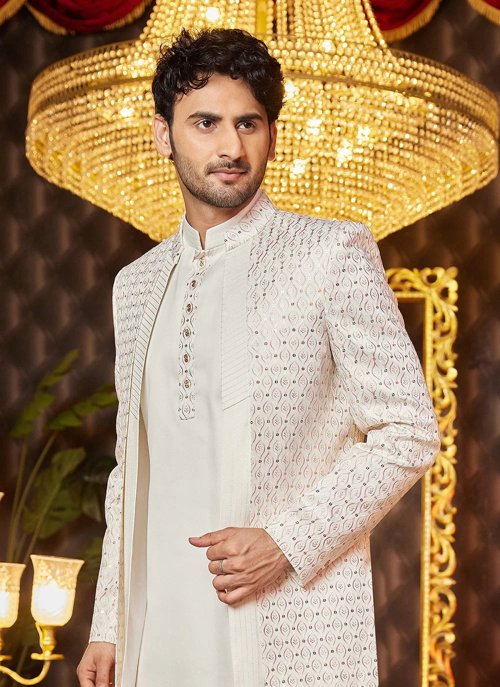 Raivat Ethnic Mens Art Silk Thread Work Indo Western In Cream Colour