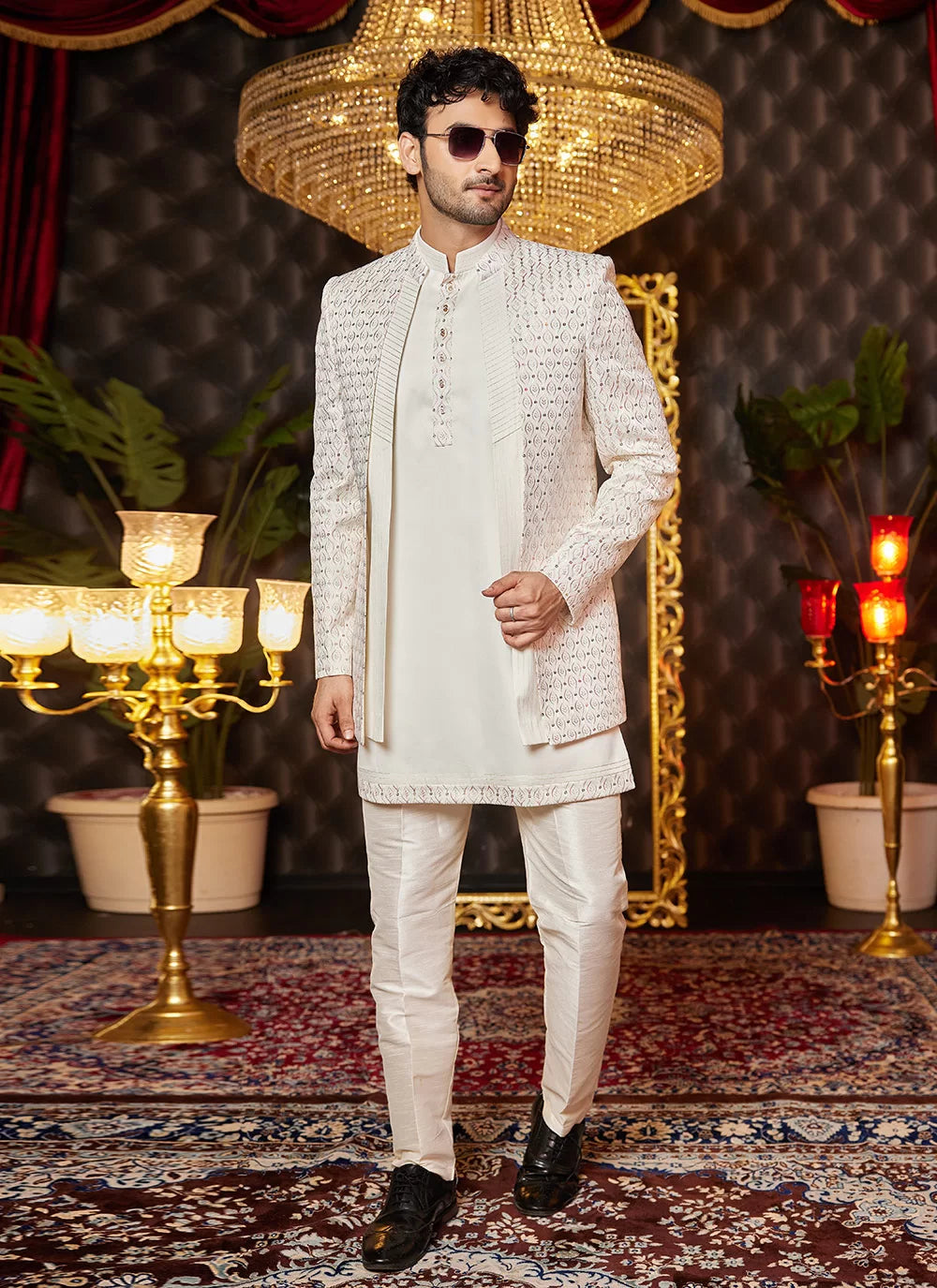 Raivat Ethnic Mens Art Silk Thread Work Indo Western In Cream Colour