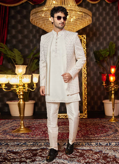 Raivat Ethnic Mens Art Silk Thread Work Indo Western In Cream Colour