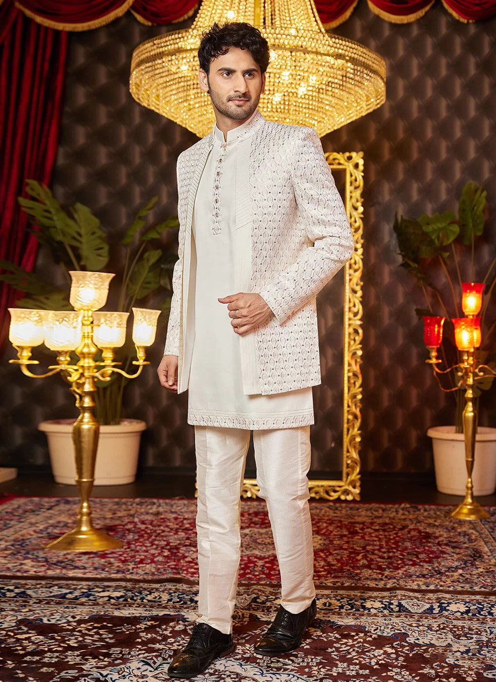 Raivat Ethnic Mens Art Silk Thread Work Indo Western In Cream Colour