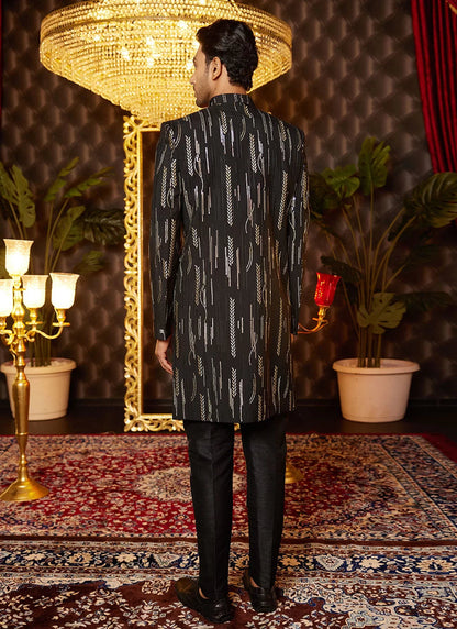 Raivat Ethnic Mens Art Silk Thread Work Indo Western In Black Colour