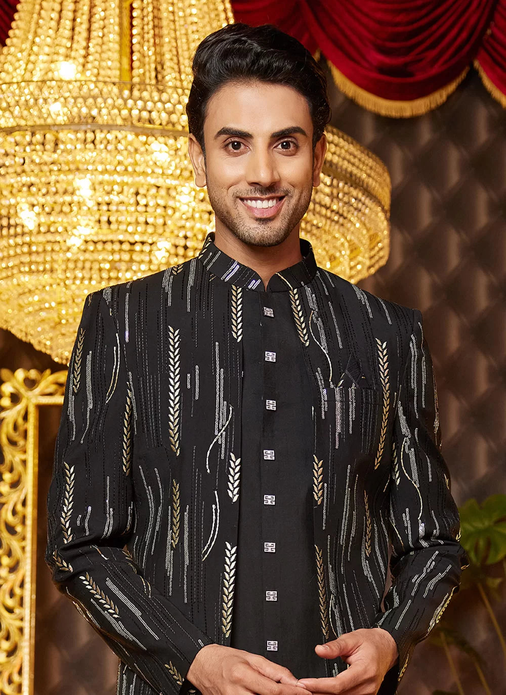 Raivat Ethnic Mens Art Silk Thread Work Indo Western In Black Colour