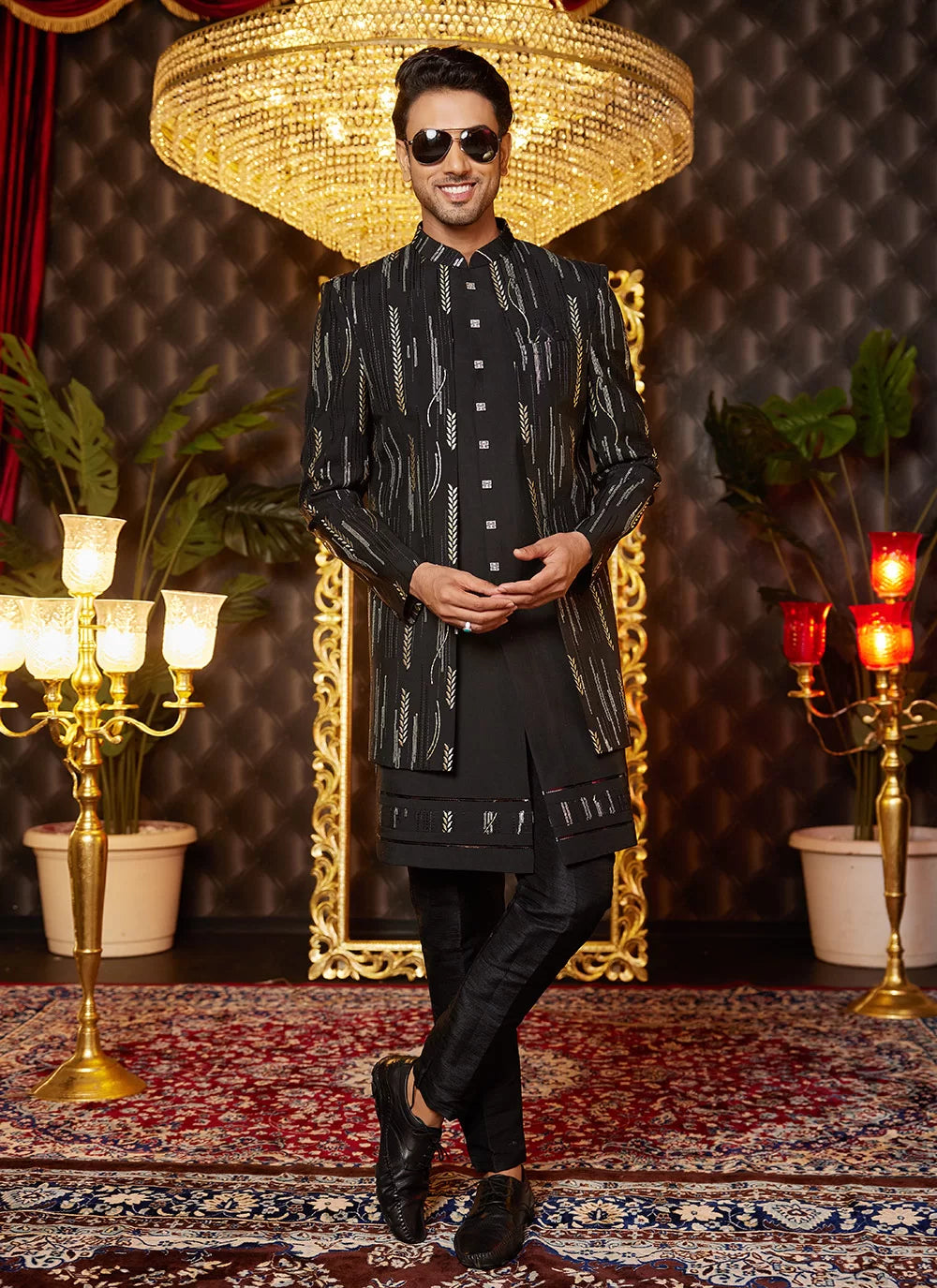 Raivat Ethnic Mens Art Silk Thread Work Indo Western In Black Colour