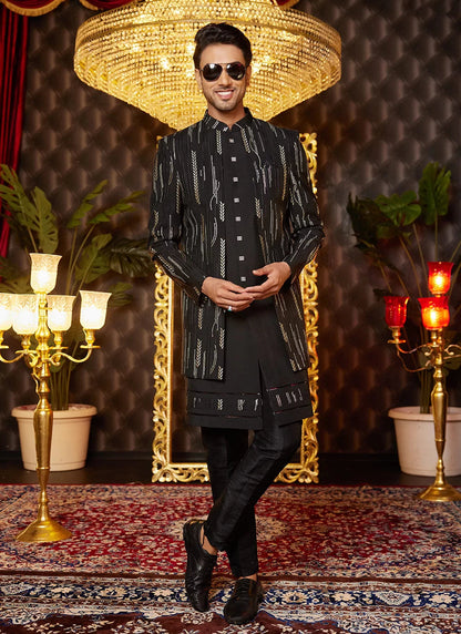 Raivat Ethnic Mens Art Silk Thread Work Indo Western In Black Colour