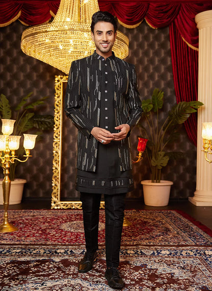 Raivat Ethnic Mens Art Silk Thread Work Indo Western In Black Colour