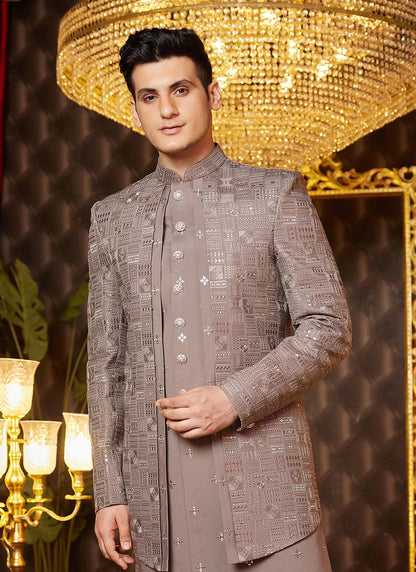 Raivat Ethnic Mens Art Silk Thread Work Indo Western In Brown Colour