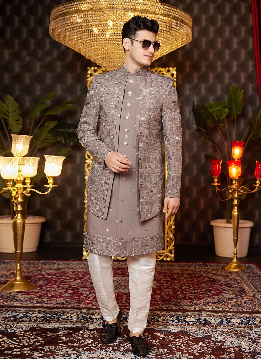 Raivat Ethnic Mens Art Silk Thread Work Indo Western In Brown Colour