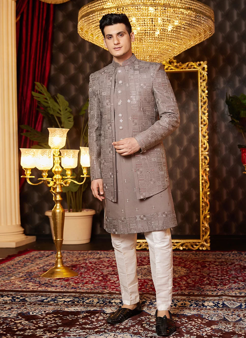 Raivat Ethnic Mens Art Silk Thread Work Indo Western In Brown Colour