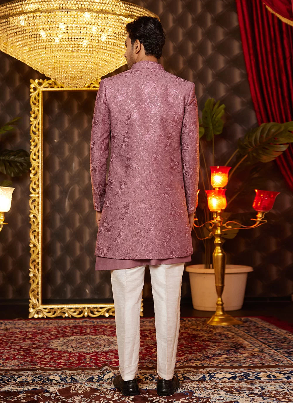 Raivat Ethnic Mens Art Silk Thread Work Indo Western In Dusty Pink Colour