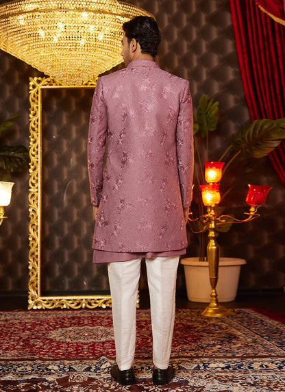 Raivat Ethnic Mens Art Silk Thread Work Indo Western In Dusty Pink Colour