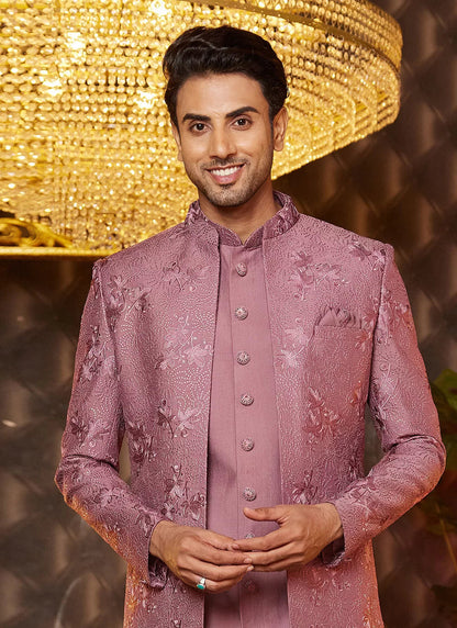 Raivat Ethnic Mens Art Silk Thread Work Indo Western In Dusty Pink Colour