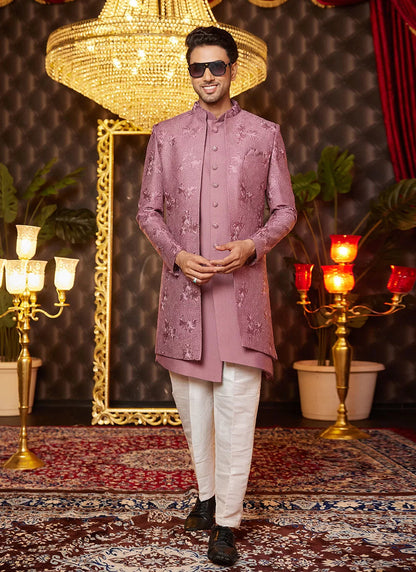 Raivat Ethnic Mens Art Silk Thread Work Indo Western In Dusty Pink Colour