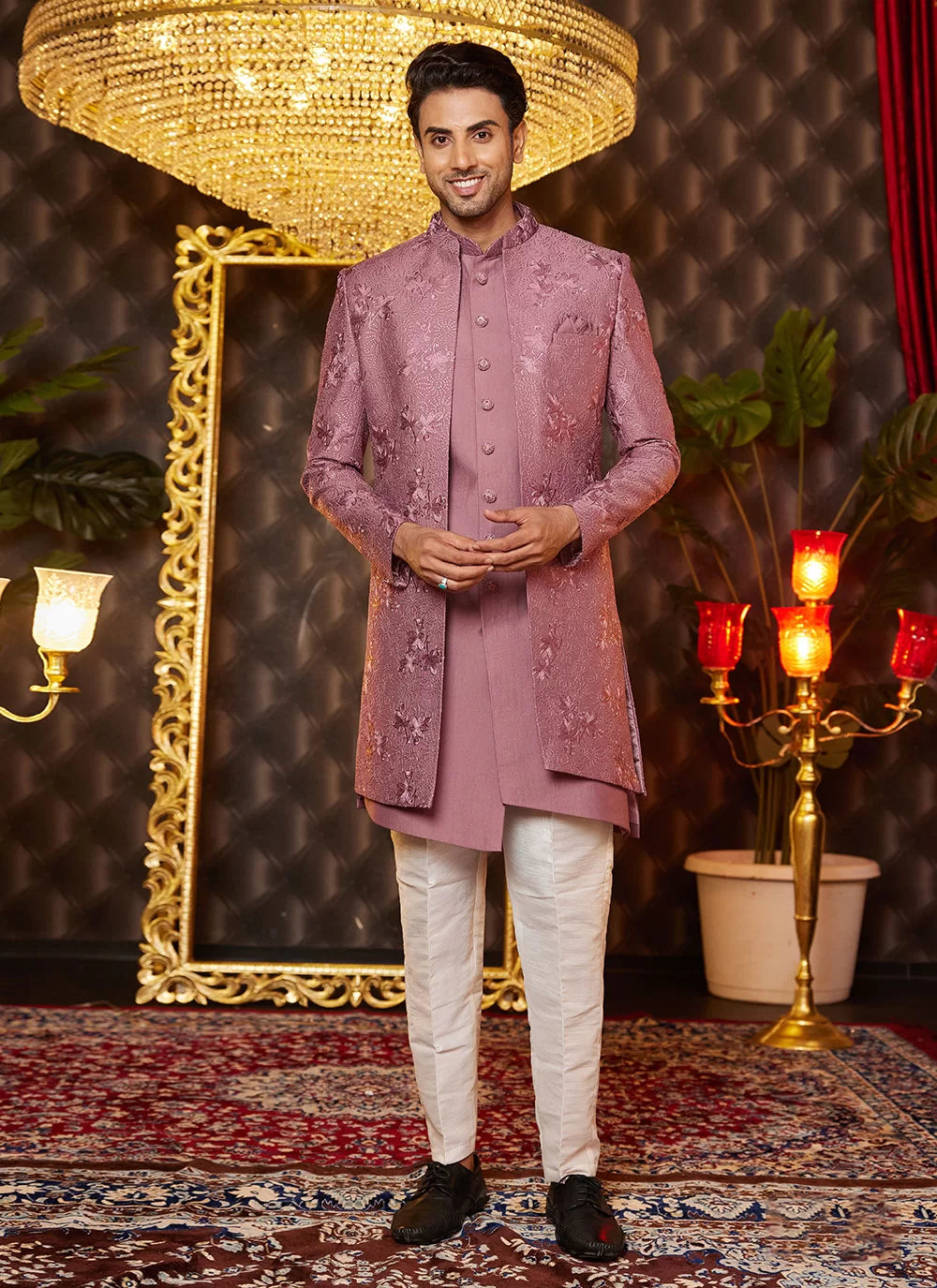 Raivat Ethnic Mens Art Silk Thread Work Indo Western In Dusty Pink Colour