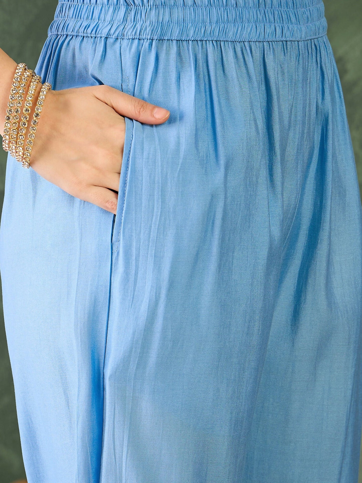 The52 Women's Gorgeous Embroidery Work Viscose Silk Fabric Straight Kurta Pant and Dupatta Set-Sky