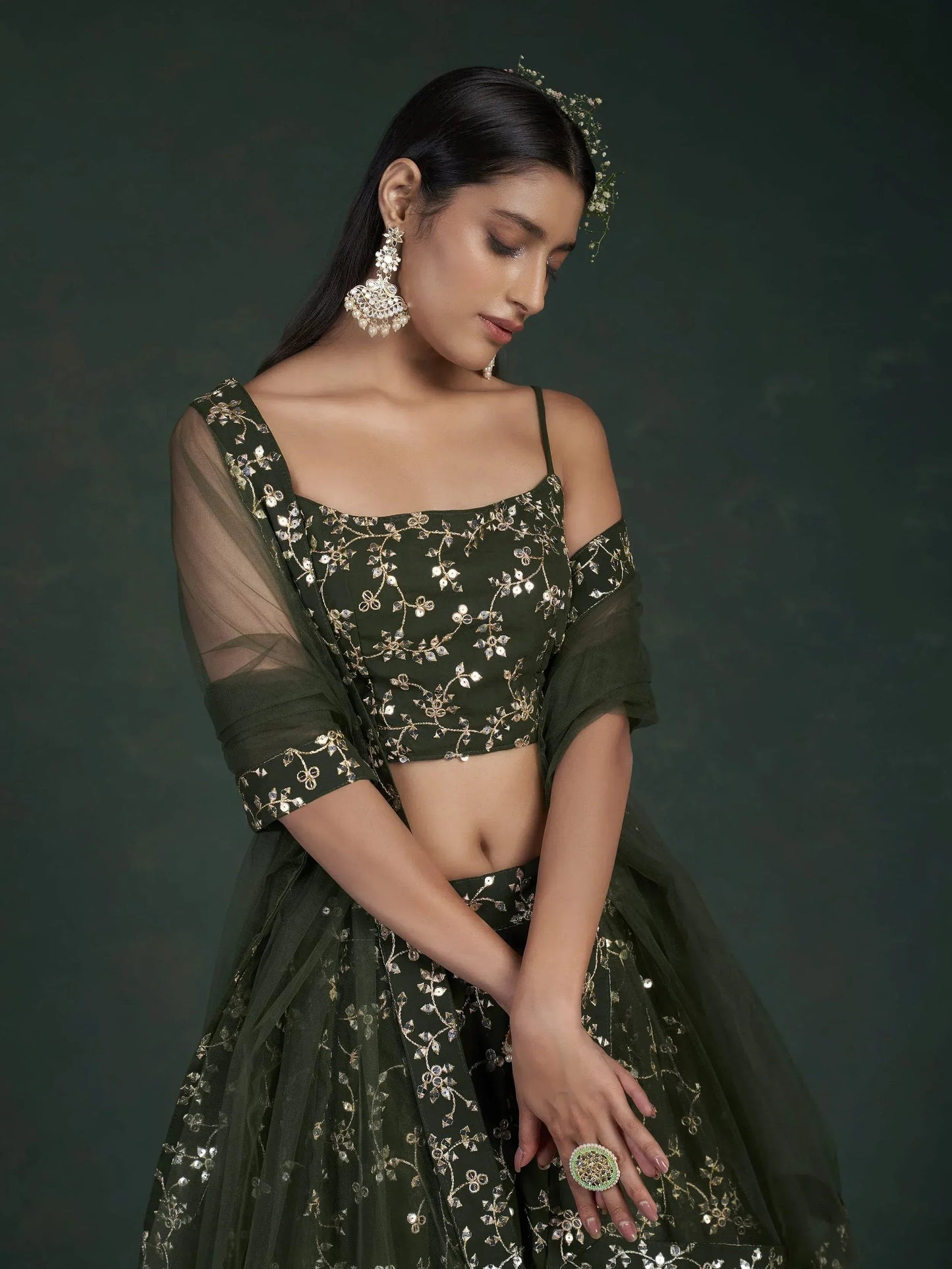 Tulsi Art Desirable Olive Green Sequins Embroidered Georgette Lehenga Choli