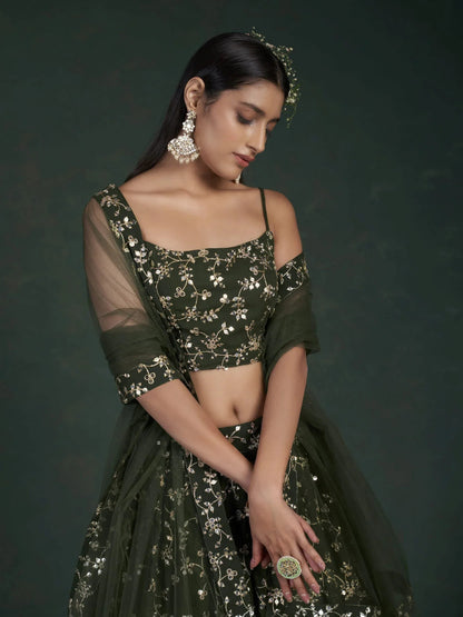 Tulsi Art Desirable Olive Green Sequins Embroidered Georgette Lehenga Choli
