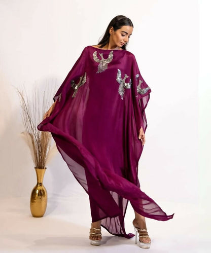 Timaraa Plum Hand Embellished Bird Kaftan Dress