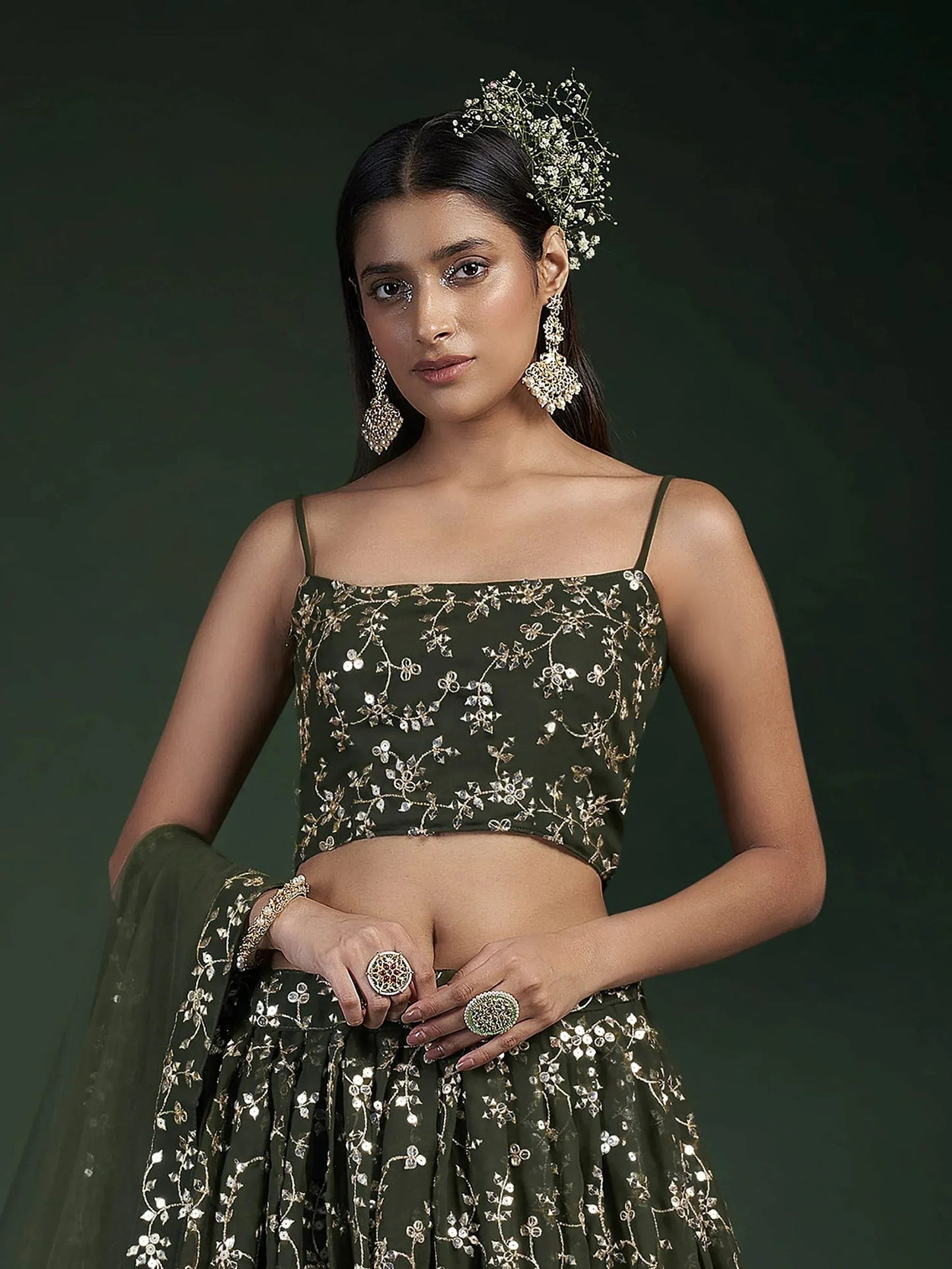 Tulsi Art Desirable Olive Green Sequins Embroidered Georgette Lehenga Choli