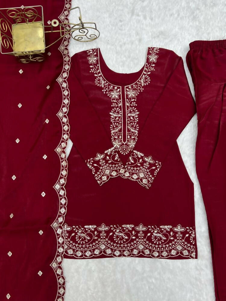 Teeya Creation Deep Red Silk Embroidered Kurta Salwar Suit Set With Scalloped Dupatta