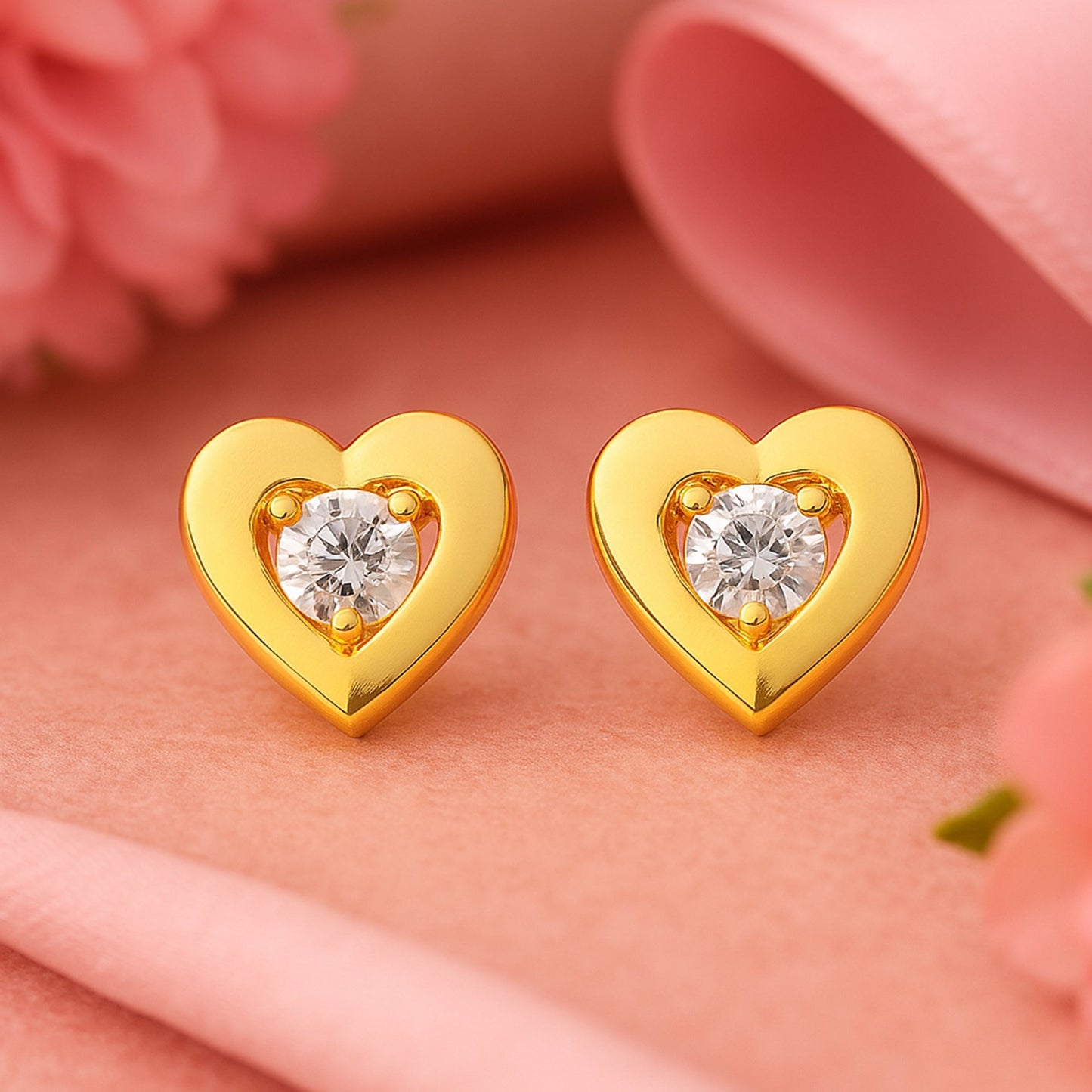 Heart Shaped Stud Earrings With Ad Stone