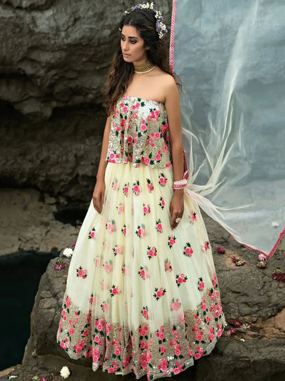 Tulsi Art Off White Floral Thread Embroidered Soft Net Party Wear Lehenga Choli