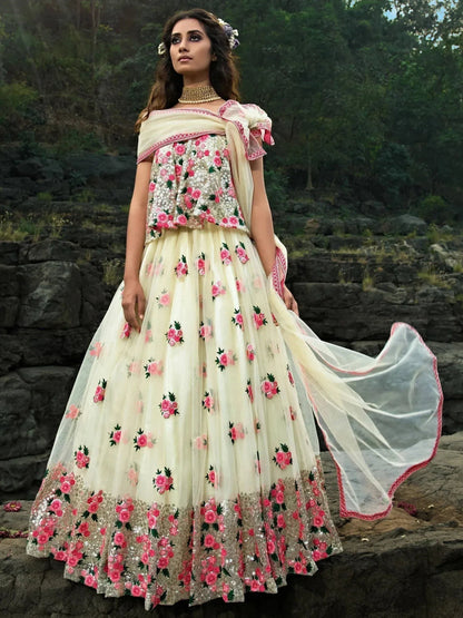 Tulsi Art Off White Floral Thread Embroidered Soft Net Party Wear Lehenga Choli