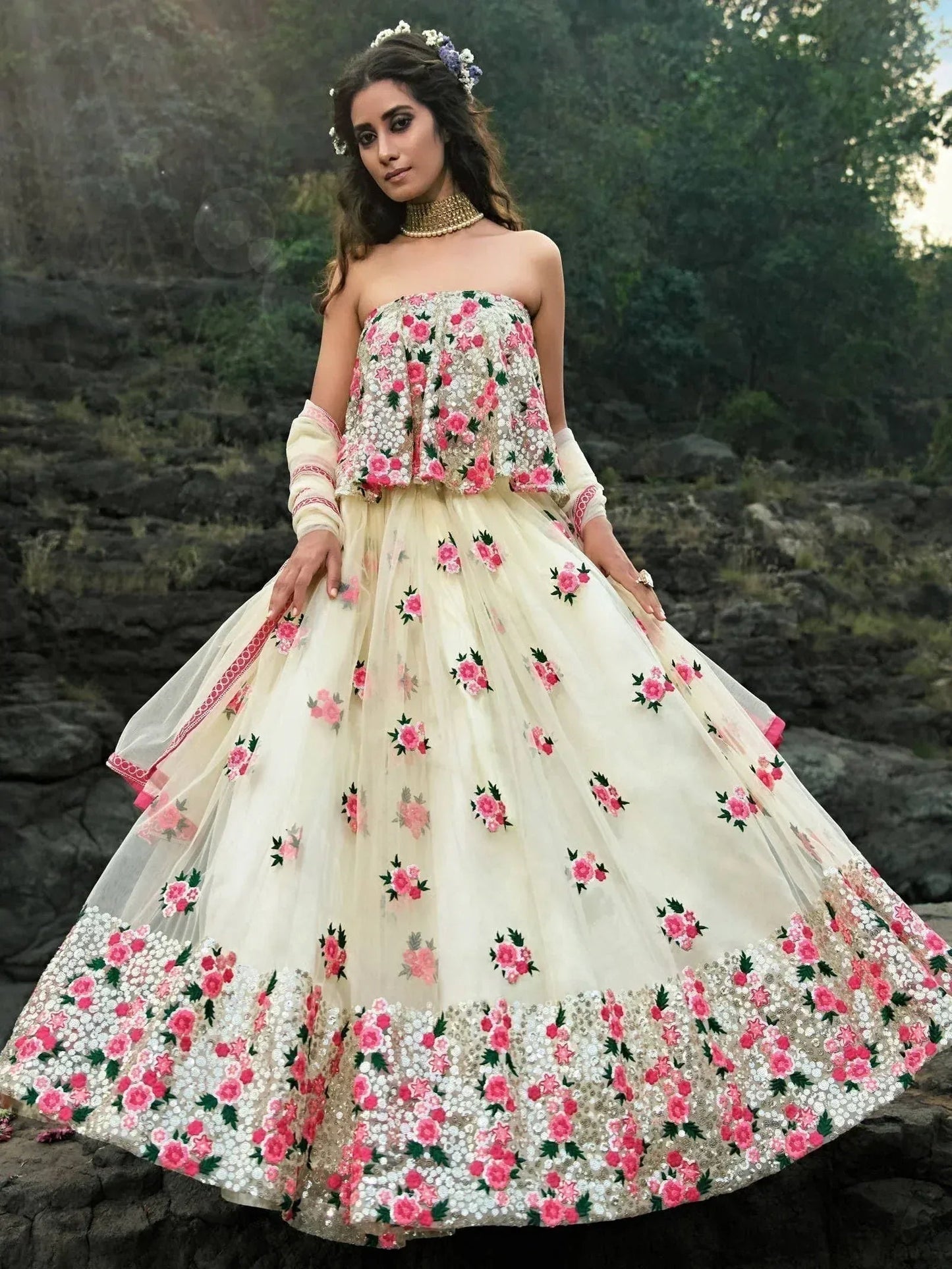 Tulsi Art Off White Floral Thread Embroidered Soft Net Party Wear Lehenga Choli