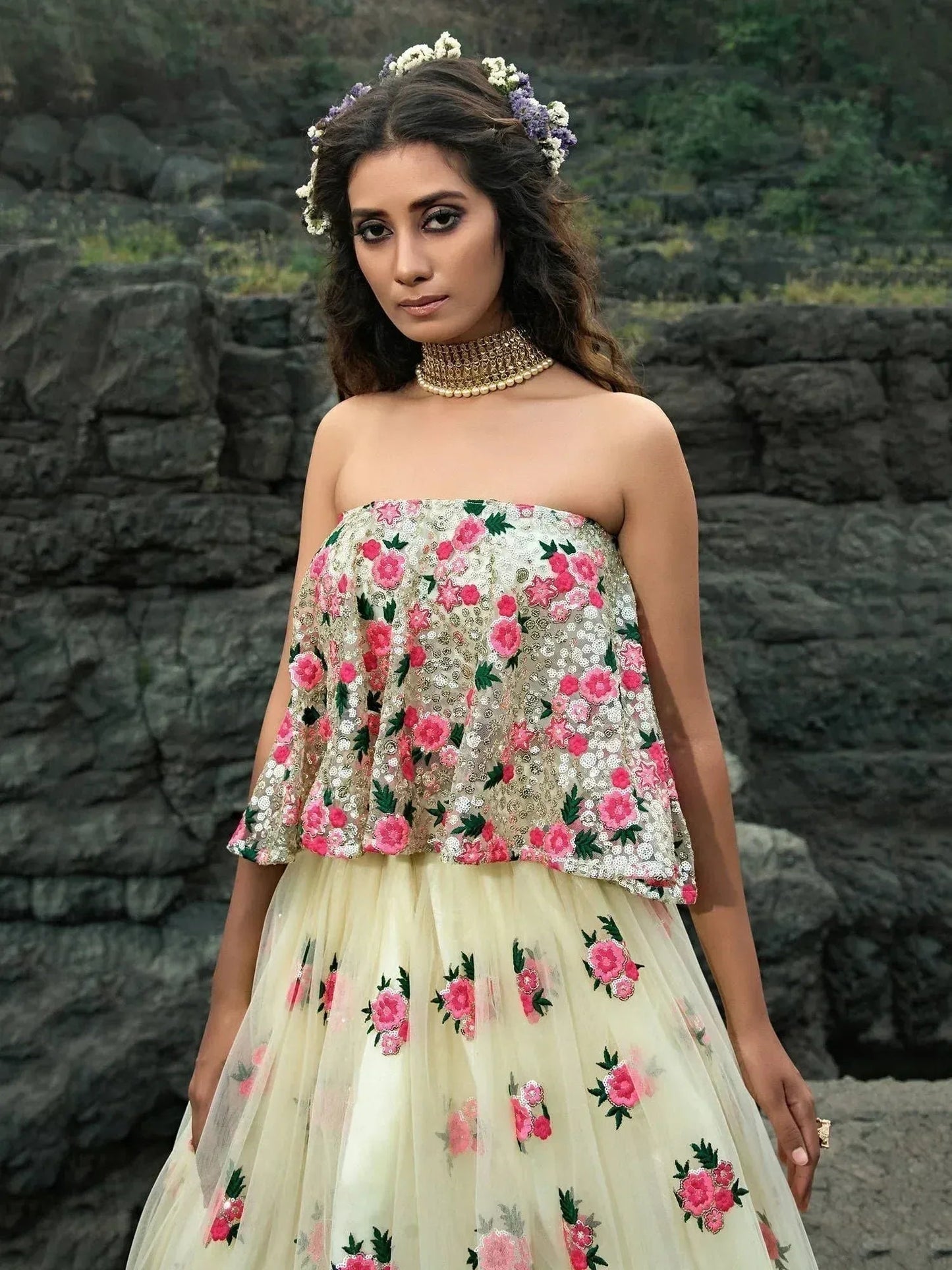 Tulsi Art Off White Floral Thread Embroidered Soft Net Party Wear Lehenga Choli