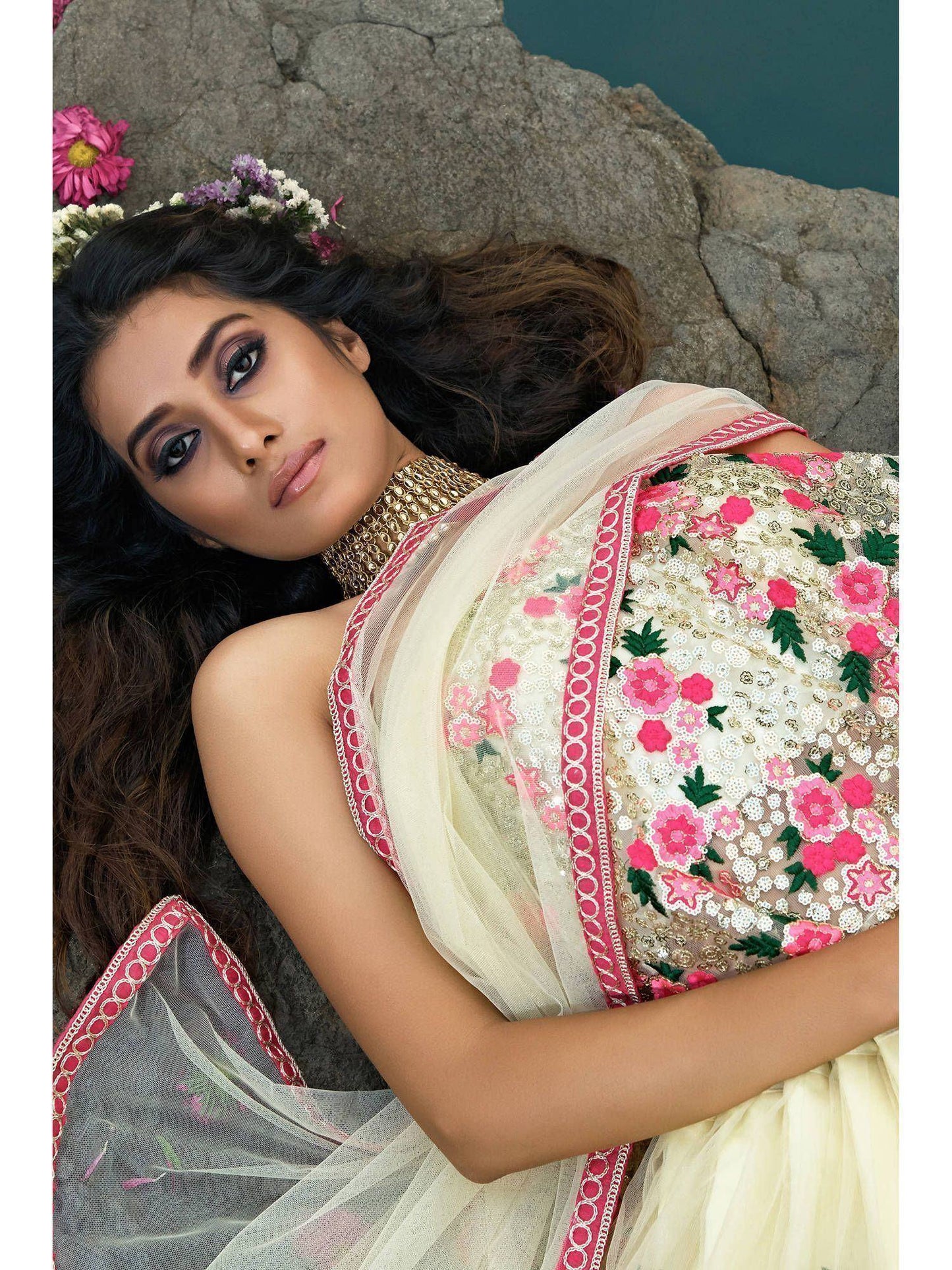 Tulsi Art Off White Floral Thread Embroidered Soft Net Party Wear Lehenga Choli
